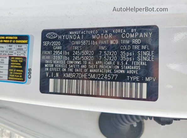 KM8R7DHE5MU224577 2021 HYUNDAI PALISADE White VIN კოდის სტიკერის ხედი