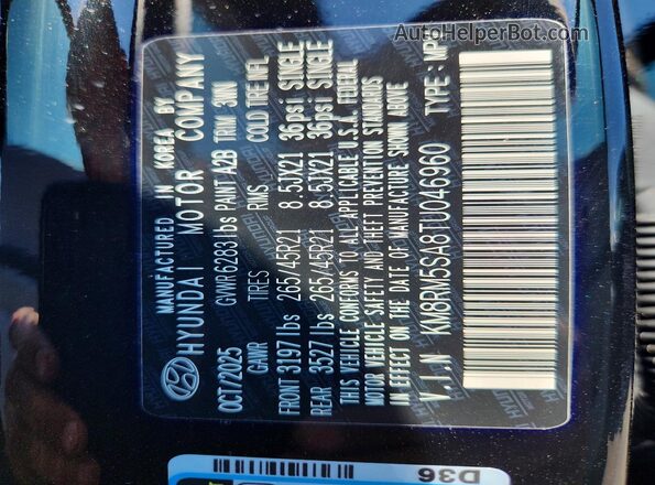 KM8RM5SA8TU046960 2026 HYUNDAI PALISADE Черный Вид наклейки с VIN-кодом