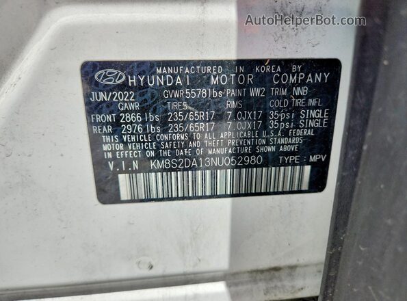 KM8S2DA13NU052980 2022 HYUNDAI SANTA White Vista de la etiqueta del VIN
