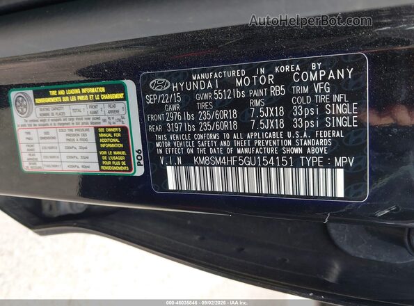 KM8SM4HF5GU154151 2016 HYUNDAI SANTA FE Black Вид підкапотного простору