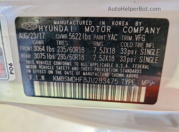 KM8SMDHF8JU283475 2018 HYUNDAI SANTA White Widok naklejki z numerem VIN