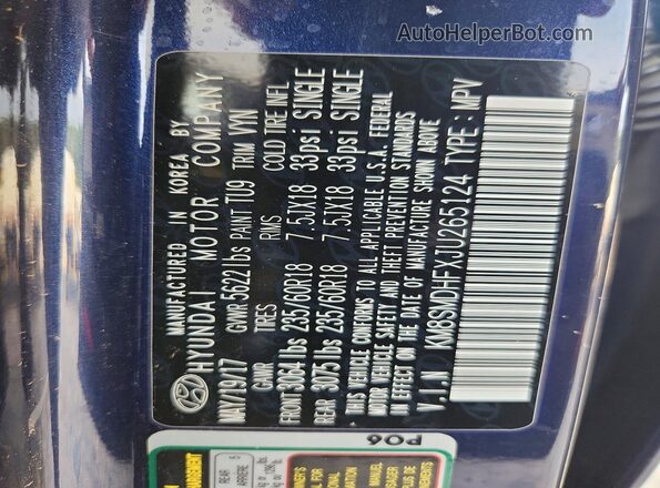 KM8SMDHFXJU265124 2018 HYUNDAI SANTA Blue Vista interior de 360 grados