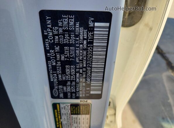 KM8SN4HF2JU293951 2018 HYUNDAI SANTA White Widok naklejki z numerem VIN