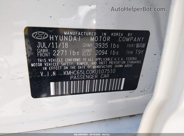 KMHC65LC0KU107510 2019 HYUNDAI IONIQ HYBRID White Vista del compartimento del motor