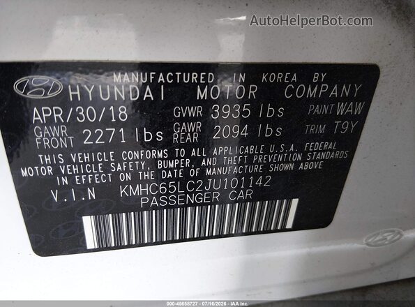 KMHC65LC2JU101142 2018 HYUNDAI IONIQ HYBRID White ძრავის განყოფილების ხედი