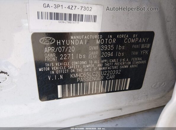 KMHC65LC2LU220392 2020 HYUNDAI IONIQ HYBRID White Widok komory silnika
