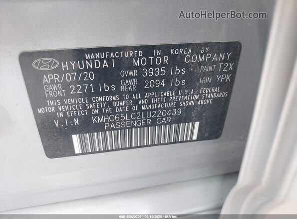 KMHC65LC2LU220439 2020 HYUNDAI IONIQ HYBRID Silver Widok komory silnika