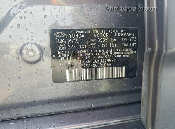 KMHC65LC6KU178971 2019 HYUNDAI IONIQ Gray Widok naklejki z numerem VIN