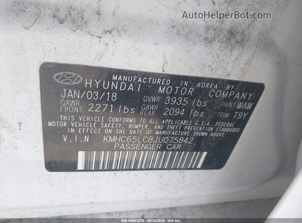 KMHC65LC8JU075842 2018 HYUNDAI IONIQ HYBRID White ძრავის განყოფილების ხედი