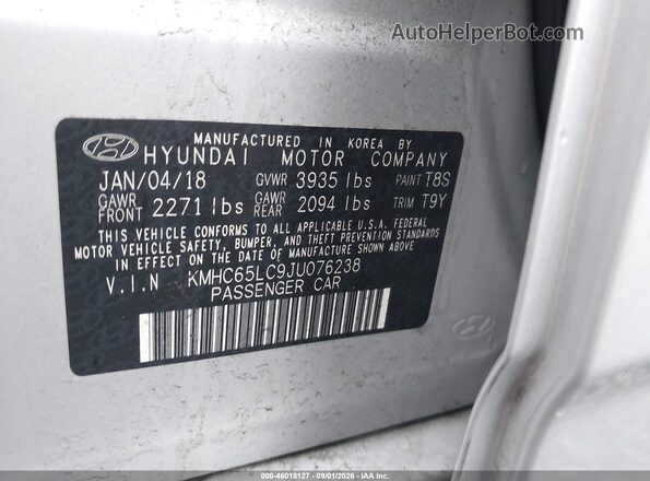 KMHC65LC9JU076238 2018 HYUNDAI IONIQ HYBRID Silver ძრავის განყოფილების ხედი