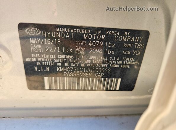 KMHC75LC1JU103333 2018 HYUNDAI IONIQ Серебряный Вид наклейки с VIN-кодом