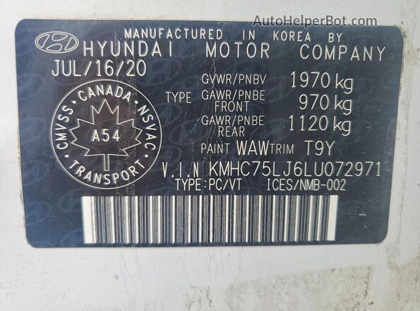 KMHC75LJ6LU072971 2020 HYUNDAI IONIQ White VIN կոդի պիտակի տեսք