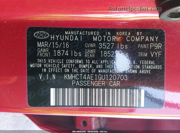 KMHCT4AE1GU120703 2016 HYUNDAI ACCENT Red Widok komory silnika
