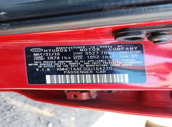 KMHCT4AE3GU164220 2016 HYUNDAI ACCENT Red Вид підкапотного простору