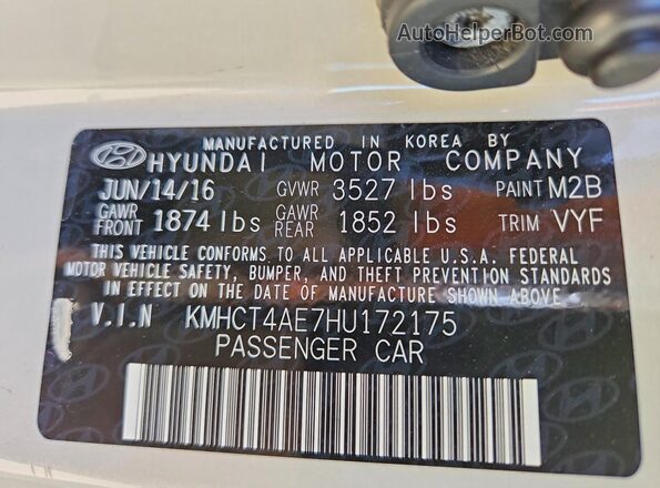 KMHCT4AE7HU172175 2017 HYUNDAI ACCENT White Вид наклейки з VIN-кодом