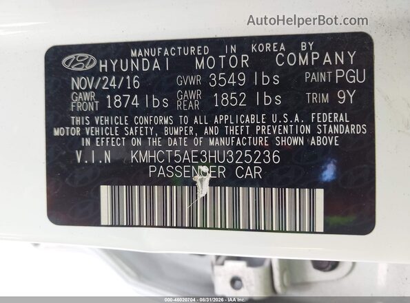 KMHCT5AE3HU325236 2017 HYUNDAI ACCENT White Widok komory silnika