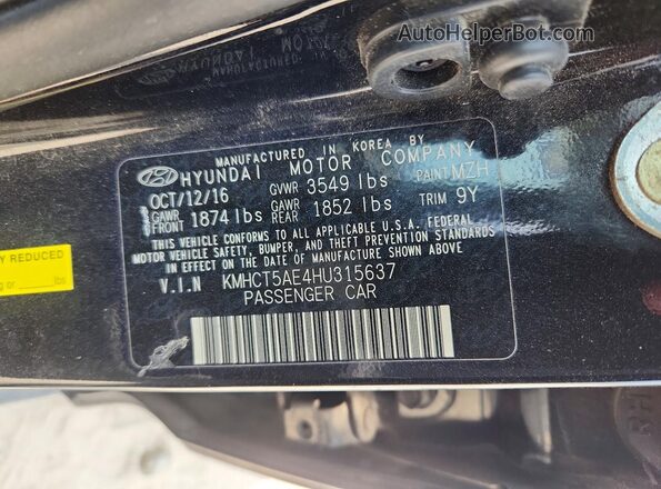 KMHCT5AE4HU315637 2017 HYUNDAI ACCENT Black Vista de la etiqueta del VIN