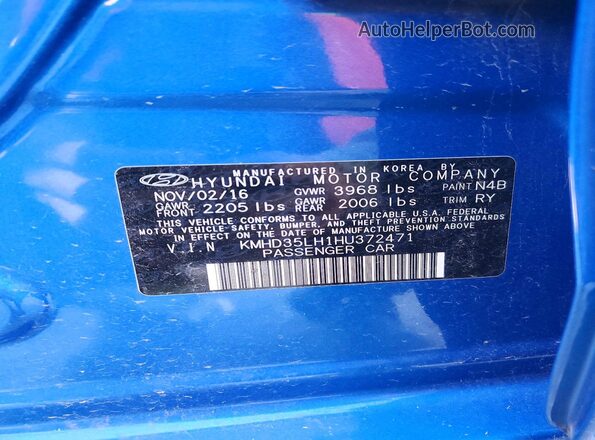 KMHD35LH1HU372471 2017 HYUNDAI ELANTRA Blue Engine compartment view