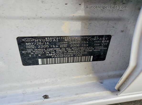 KMHD35LH7HU355304 2017 HYUNDAI ELANTRA White VIN sticker view