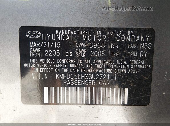 KMHD35LHXGU272111 2016 HYUNDAI ELANTRA GT Silver Vista del compartimento del motor
