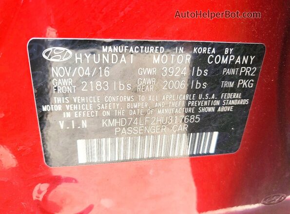 KMHD74LF2HU317685 2017 HYUNDAI ELANTRA Red Շարժիչի բաժամունքի տեսք