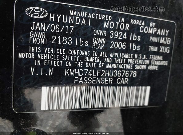 KMHD74LF2HU367678 2017 HYUNDAI ELANTRA Black Vista del compartimento del motor