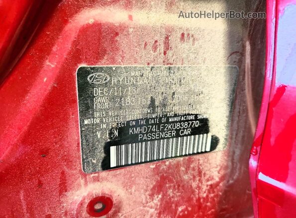 KMHD74LF2KU838770 2019 HYUNDAI ELANTRA Red Շարժիչի բաժամունքի տեսք