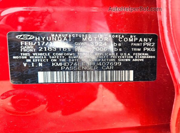 KMHD74LF3HU407699 2017 HYUNDAI ELANTRA Red Widok naklejki z numerem VIN