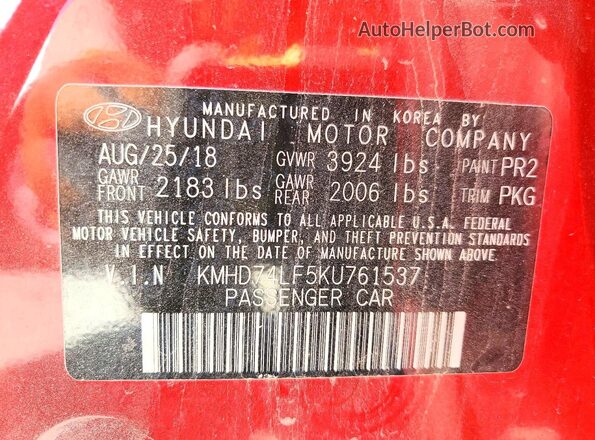 KMHD74LF5KU761537 2019 HYUNDAI ELANTRA Red Vista del compartimento del motor