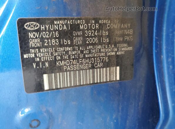 KMHD74LF6HU315776 2017 HYUNDAI ELANTRA Blue VIN კოდის სტიკერის ხედი