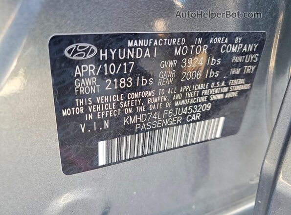 KMHD74LF6JU453209 2018 HYUNDAI ELANTRA Gray Widok naklejki z numerem VIN