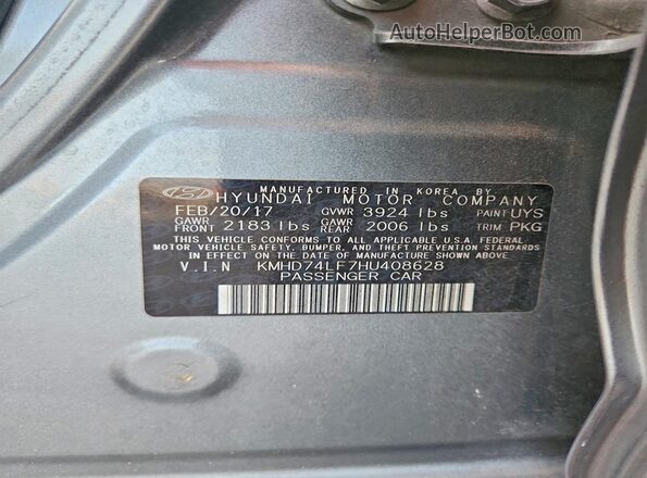 KMHD74LF7HU408628 2017 HYUNDAI ELANTRA Gray Շարժիչի բաժամունքի տեսք