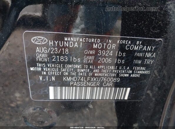 KMHD74LFXKU760089 2019 HYUNDAI ELANTRA Black Вид підкапотного простору