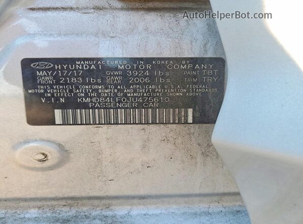 KMHD84LF0JU475610 2018 HYUNDAI ELANTRA Silver ძრავის განყოფილების ხედი