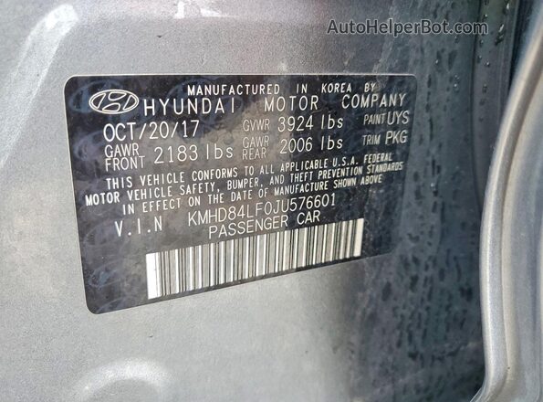KMHD84LF0JU576601 2018 HYUNDAI ELANTRA Gray VIN კოდის სტიკერის ხედი