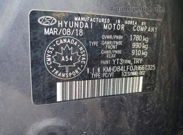 KMHD84LF0JU661325 2018 HYUNDAI ELANTRA Charcoal VIN კოდის სტიკერის ხედი