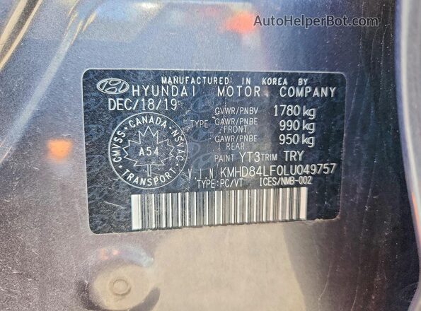 KMHD84LF0LU049757 2020 HYUNDAI ELANTRA Gray Вид наклейки з VIN-кодом