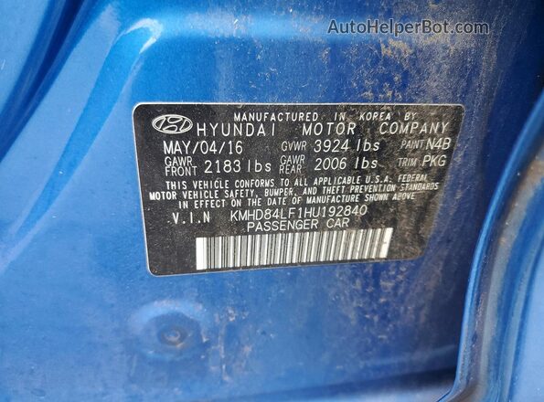 KMHD84LF1HU192840 2017 HYUNDAI ELANTRA Blue VIN sticker view