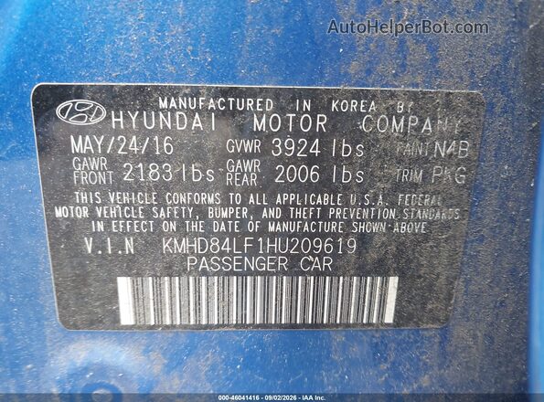 KMHD84LF1HU209619 2017 HYUNDAI ELANTRA Blue Շարժիչի բաժամունքի տեսք