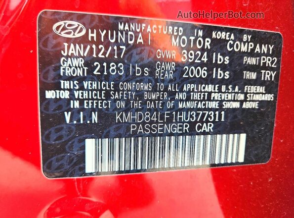 KMHD84LF1HU377311 2017 HYUNDAI ELANTRA Red VIN կոդի պիտակի տեսք