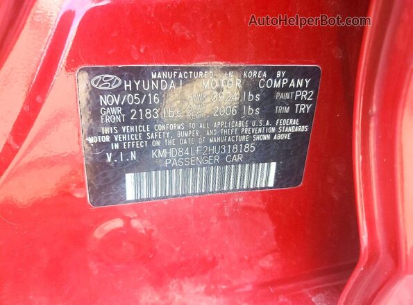 KMHD84LF2HU318185 2017 HYUNDAI ELANTRA Red ძრავის განყოფილების ხედი
