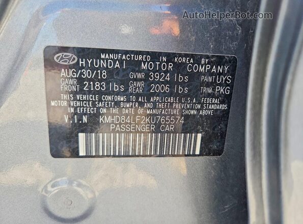 KMHD84LF2KU765574 2019 HYUNDAI ELANTRA Gray Vista del compartimento del motor