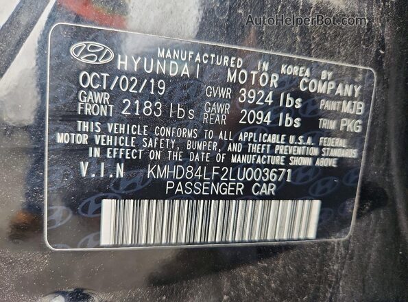 KMHD84LF2LU003671 2020 HYUNDAI ELANTRA Black VIN sticker view