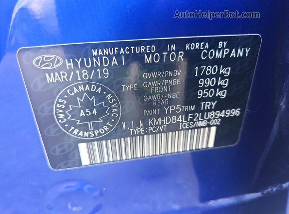 KMHD84LF2LU894996 2020 HYUNDAI ELANTRA Blue Շարժիչի բաժամունքի տեսք