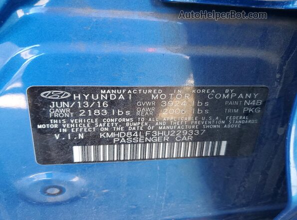 KMHD84LF3HU229337 2017 HYUNDAI ELANTRA Синий Вид подкапотного пространства