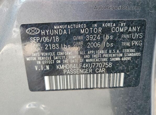 KMHD84LF4KU770758 2019 HYUNDAI ELANTRA Серый Вид подкапотного пространства