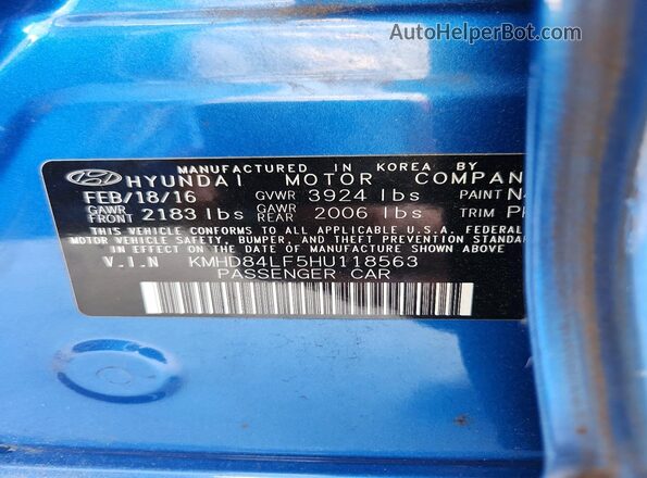 KMHD84LF5HU118563 2017 HYUNDAI ELANTRA Blue ძრავის განყოფილების ხედი