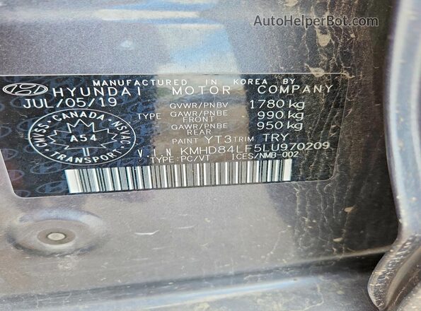 KMHD84LF5LU970209 2020 HYUNDAI ELANTRA Gray VIN sticker view