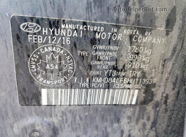 KMHD84LF6HU113937 2017 HYUNDAI ELANTRA Серый Вид подкапотного пространства