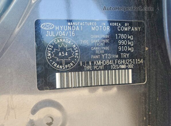 KMHD84LF6HU251154 2017 HYUNDAI ELANTRA Charcoal Вид підкапотного простору